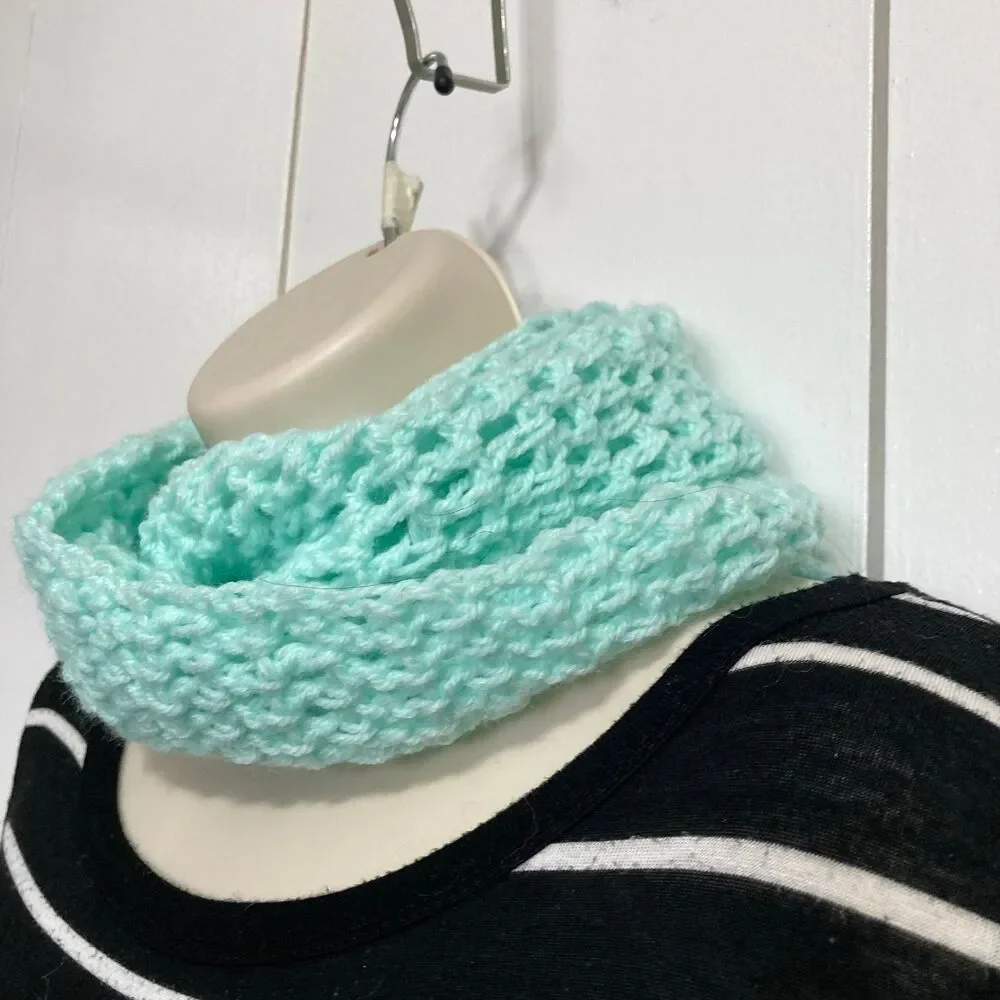 Infinity Scarf Light Teal Blue Windowpane Crochet Design 40 x 7.5 inches